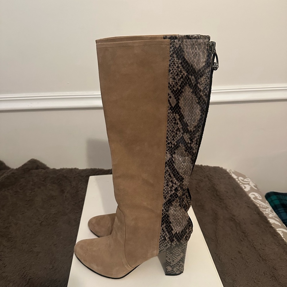 Anne Klein Tan and Snake Print Heeled Boots